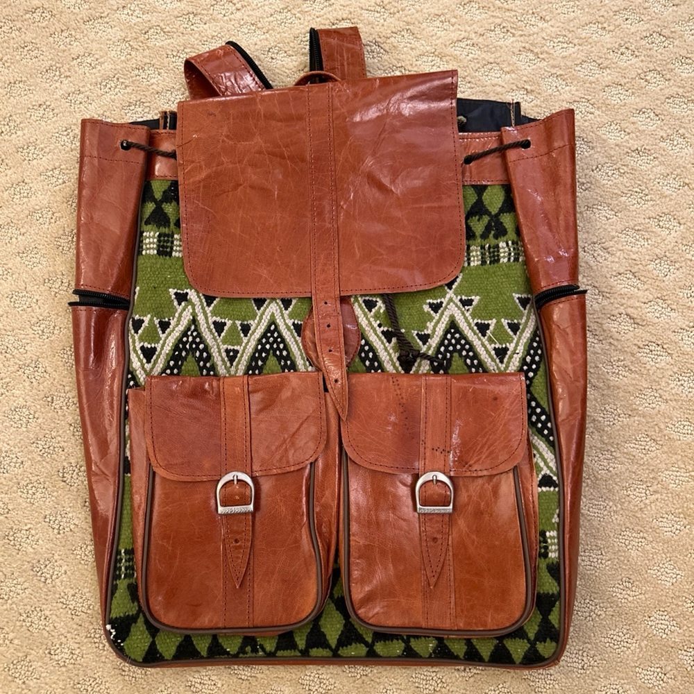 Brown Leather and Green Wool Kilim  Backpack Rucksack Travel Bag Roomy
